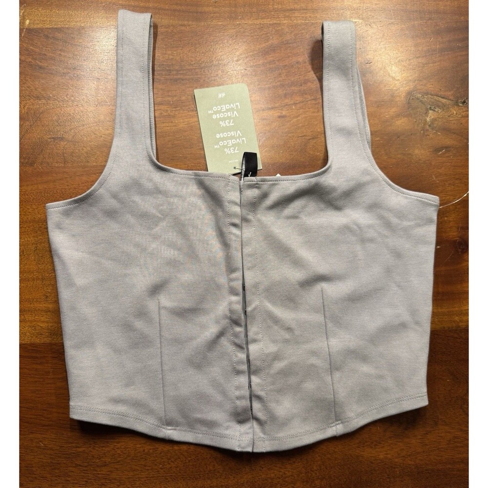 H&M Divided Grey Corset Crop Top Size S Hook and Eye Square Neck Stretch - NWT